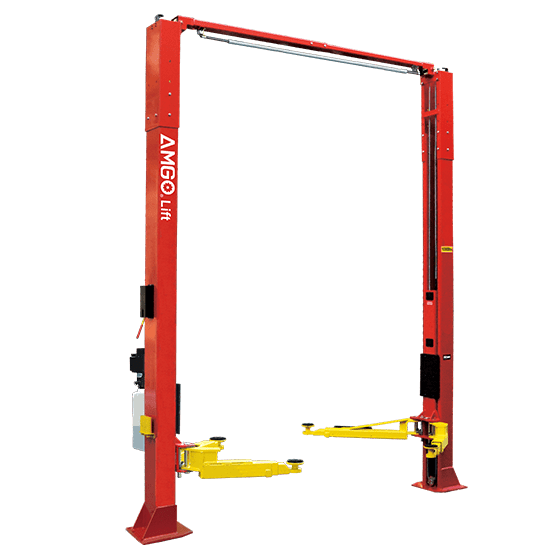 A red AMGO OHX-10H 10,000 lbs Overhead Two-Post Lift with yellow arms, featuring a clearfloor design and a red overhead bar, on a transparent background.