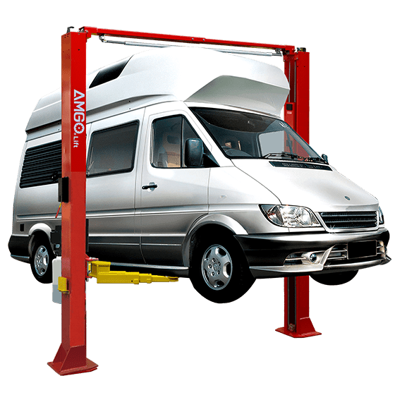 A white Mercedes-Benz Sprinter is elevated on a red AMGO OHX-10 2-Post Lift, which has yellow and red lifting arms against a gray and white checkered background.