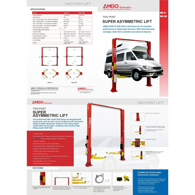 A product brochure for the red AMGO OHX-10 2-Post Lift, with technical diagrams, a list of features, and an image of the lift with a van. The brochure highlights its 10,000 lbs lifting capacity and Super Asymmetric arms.