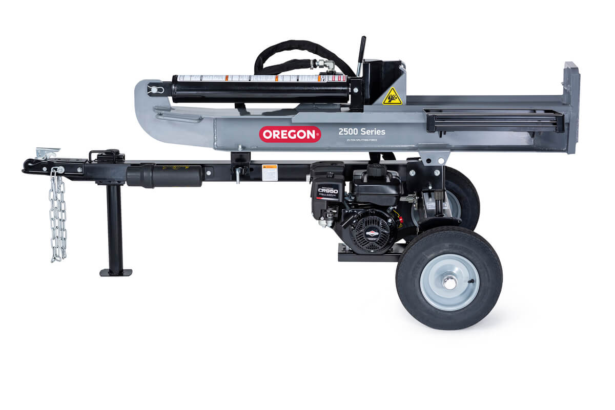 A gray Oregon 2500 Series 25-ton log splitter with a Briggs & Stratton 208cc engine, shown in its horizontal operating position on a white background.