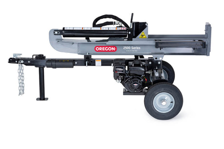 A gray Oregon 2500 Series 25-ton log splitter with a Briggs & Stratton 208cc engine, shown in its horizontal operating position on a white background.