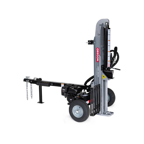 A gray Oregon 2500 Series 25-ton log splitter with a Briggs & Stratton 208cc engine, shown in its vertical operating position on a white background.