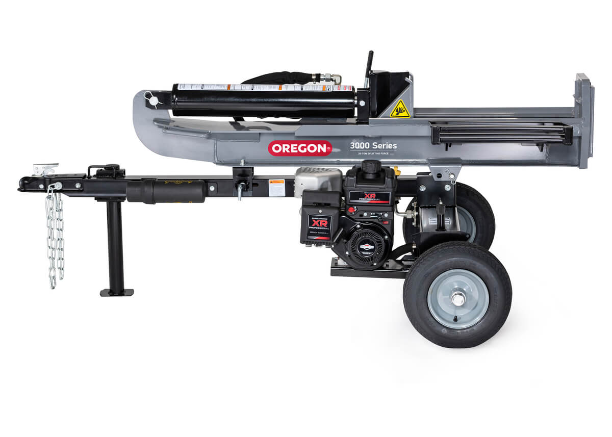 A gray Oregon 3000 Series 30-ton log splitter with a Briggs & Stratton 250cc engine, shown in its horizontal operating position on a white background.