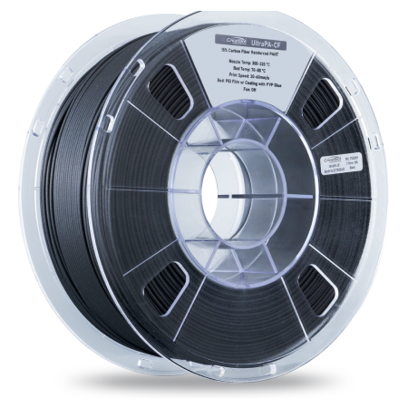 A full view of a CreatBot UltraPA-CF 3D printer filament spool in black, highlighting the compact roll of carbon fiber reinforced PAHT material.