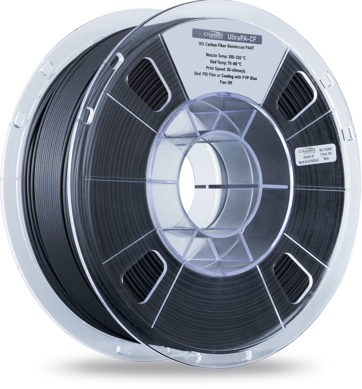 A detailed close-up of a CreatBot UltraPA-CF 3D printer filament spool in black, showcasing the textured carbon fiber reinforced material.