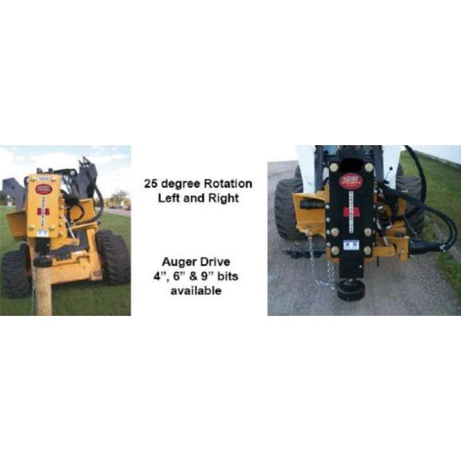 A composite image of the skid-steer post driver, showing both its left and right tilt capabilities and the planetary auger drive option with 4, 6, and 8-inch auger bits available.