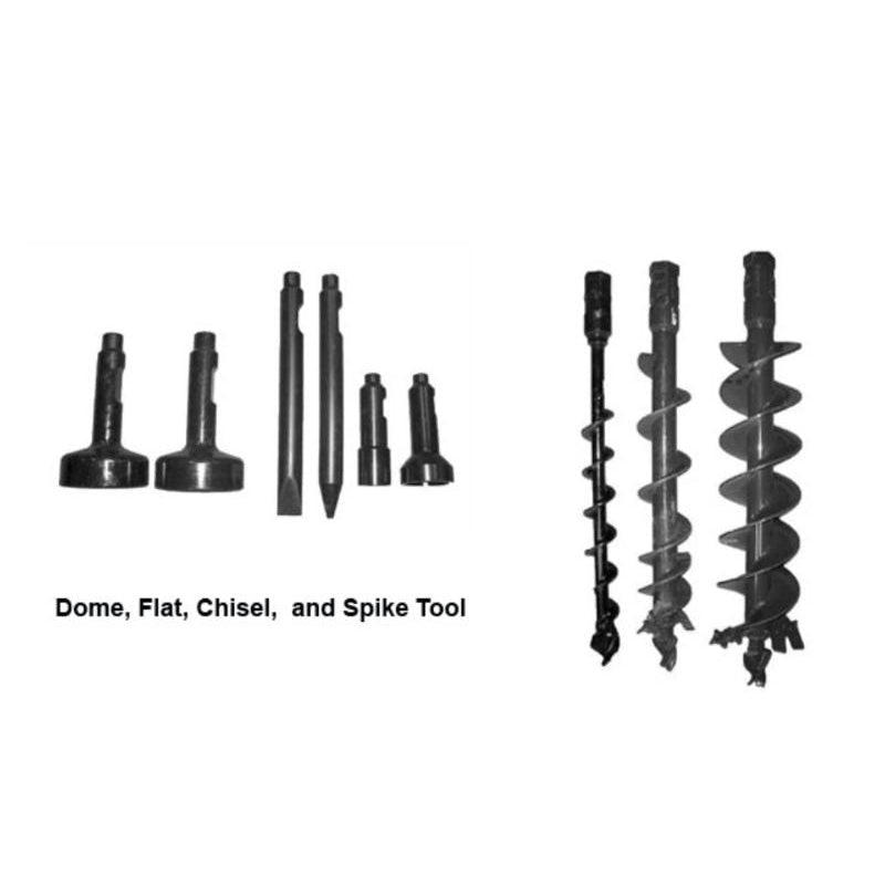 Various tools for the Haugen skid-steer post driver, including a Dome, Flat, Chisel, and Spike Tool alongside different auger bits.