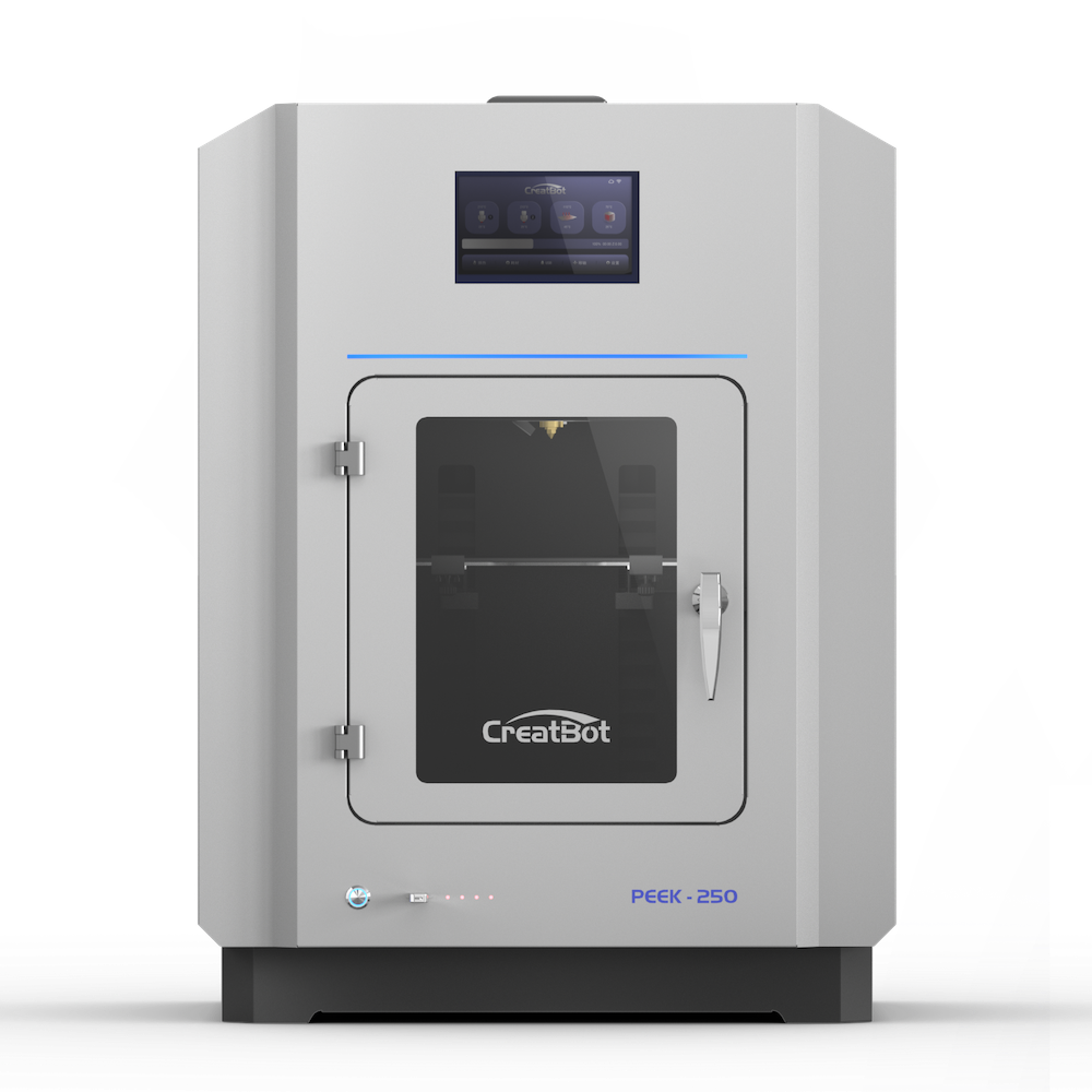 CreatBot PEEK-250 3D printer seen from the front, highlighting the clean, minimalist design and the precise alignment of the main components, including the front door and control screen.