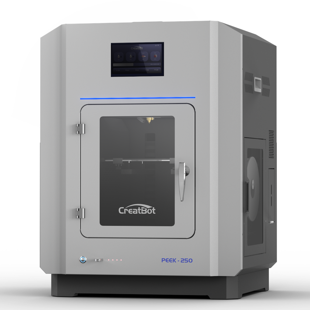 CreatBot PEEK-250 3D printer viewed from the front, showcasing the touch screen control panel, front door, and a glimpse of the internal build chamber.