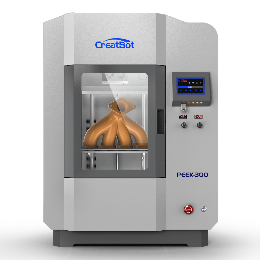 CreatBot PEEK-300 high-performance 3D printer, with a brown, sculpted part visible inside the clear, enclosed chamber. The user interface screen and "PEEK-300" text are visible on the front.