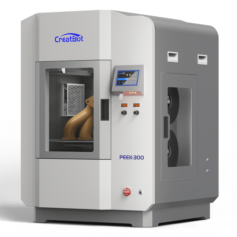CreatBot PEEK-300 high-performance 3D printer viewed from an angled perspective, showing the side panel, front doors, and the internal components, with a printed part clearly visible inside.