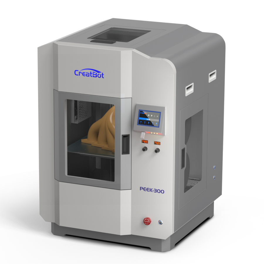 CreatBot PEEK-300 high-performance 3D printer shown from a side angle, highlighting the sturdy, professional-grade design and the transparent, enclosed build chamber containing a printed part.