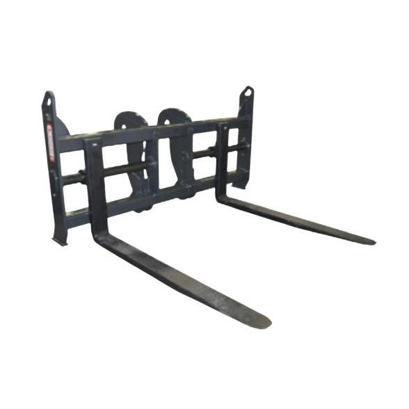A heavy-duty black Wheel Loader Pipe Forks attachment, featuring a 96-inch frame width and shaft-mounted adjustable forks.
