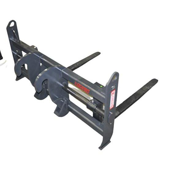 A heavy-duty black Wheel Loader Pipe Forks attachment, featuring shaft-style forks and an extra-wide 96-inch frame width.