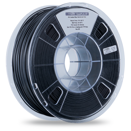 A front-angled view of a CreatBot PLA-CF 3D printer filament spool in black, showcasing the wound filament on the black and transparent spool.