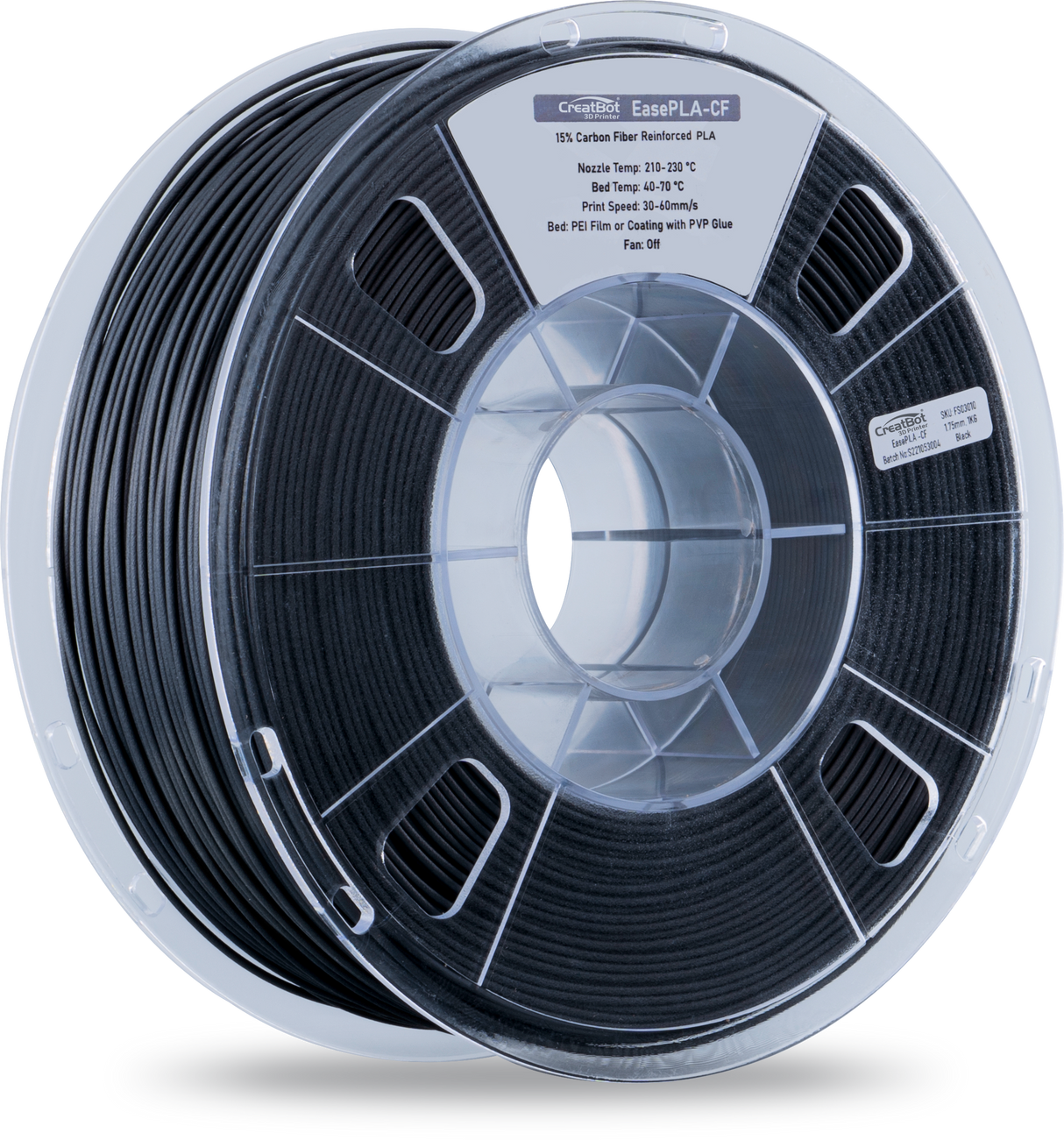 A detailed view of a black CreatBot PLA-CF 3D printer filament spool, highlighting the carbon fiber reinforced material and the product label.