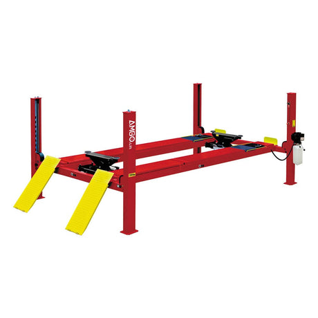 A red AMGO PRO-12A 4-Post Lift with yellow ramps and a diamond platform is shown on a white background, highlighting its 12,000 lbs lifting capacity for cars, trucks, and SUVs.