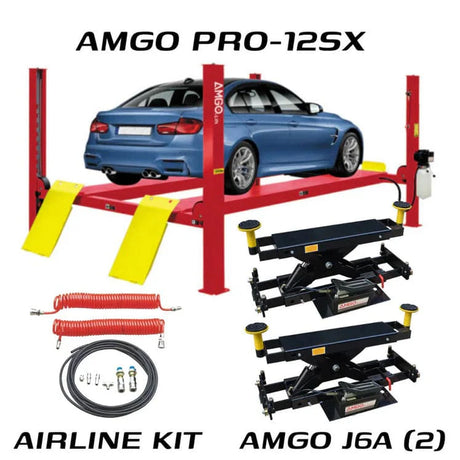 A black and yellow AMGO PRO-12SX 4-Post Lift with a J6A Jacking Beam installed, shown with a red truck on the lift and an 87-inch tall man standing beneath it.