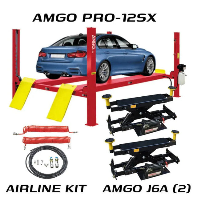 A black and yellow AMGO PRO-12SX 4-Post Lift with a J6A Jacking Beam installed, shown with a red truck on the lift and an 87-inch tall man standing beneath it.