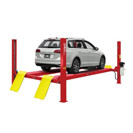 A white hatchback is elevated on a red AMGO PRO-12 4-Post Lift, with the yellow drive-on ramps lowered to the ground on a solid white background.