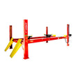 An AMGO PRO-14A 4-Post Alignment Lift, a red and yellow lift featuring slip plates and turnplate pockets on its platforms, shown against a white background.