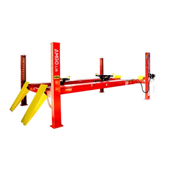 An AMGO PRO-14A 4-Post Alignment Lift, a red and yellow lift featuring slip plates and turnplate pockets on its platforms, shown against a white background.