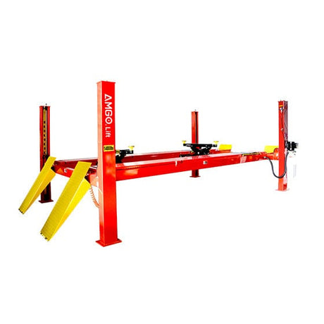 An AMGO PRO-14A 4-Post Alignment Lift, a red and yellow lift featuring slip plates and turnplate pockets on its platforms, shown against a white background.