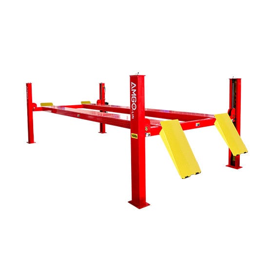 An AMGO PRO-14 4-Post Lift, a red lift with yellow ramps and platforms, featuring its four main posts and cable system, on a white background.
