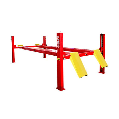 An AMGO PRO-14 4-Post Lift, a red lift with yellow ramps and platforms, featuring its four main posts and cable system, on a white background.
