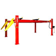 The AMGO PRO-18A 4-Post Alignment Lift, a red lift with yellow ramps, featuring its non-skid platforms and integrated slip plates, shown against a white background.