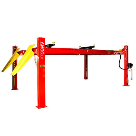 The AMGO PRO-18A 4-Post Alignment Lift, a red lift with yellow ramps, featuring its non-skid platforms and integrated slip plates, shown against a white background.
