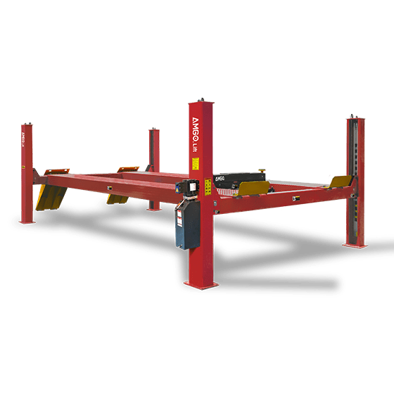 A red AMGO PRO-30E Heavy-Duty 4-Post Lift with its platforms elevated, viewed from an angle that highlights its sturdy construction, single-post hydraulic pump, and extended length.