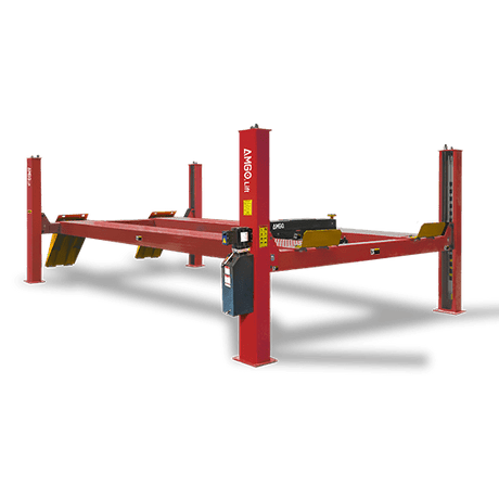 A red AMGO PRO-30E Heavy-Duty 4-Post Lift with its platforms elevated, viewed from an angle that highlights its sturdy construction, single-post hydraulic pump, and extended length.