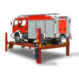 AMGO PRO-30, a heavy-duty red and yellow 4-post lift, with a fire truck elevated on its platform, on a transparent background.