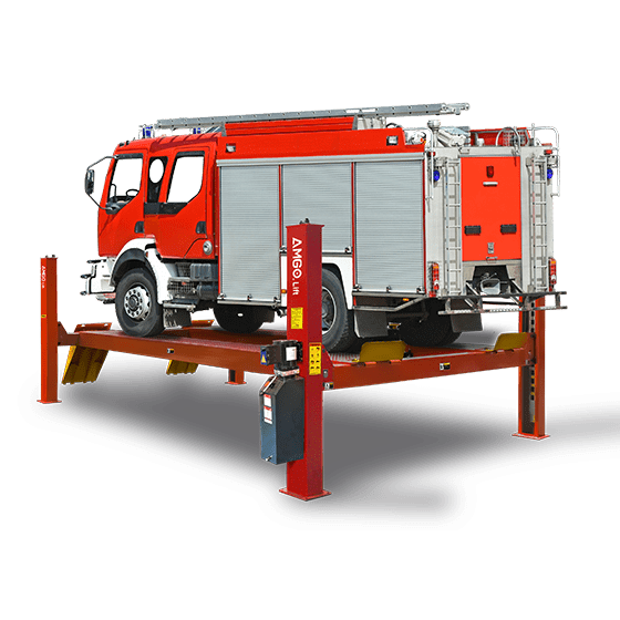 AMGO PRO-30, a heavy-duty red and yellow 4-post lift, with a fire truck elevated on its platform, on a transparent background.