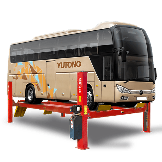 A large beige YUTONG bus is elevated on a red AMGO PRO-40E Heavy-Duty 4-Post Lift, highlighting the lift's substantial size and weight capacity for commercial vehicles.