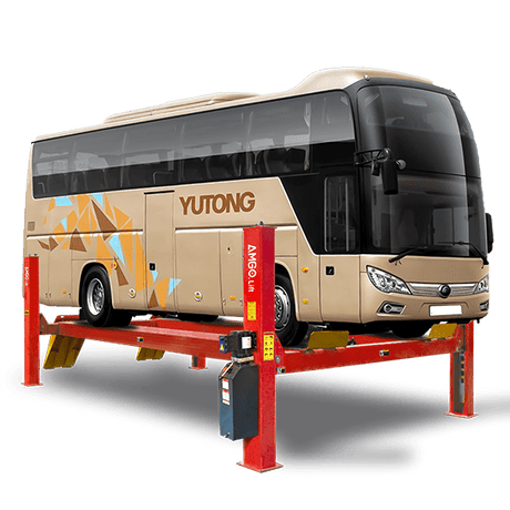 A large beige YUTONG bus is elevated on a red AMGO PRO-40E Heavy-Duty 4-Post Lift, highlighting the lift's substantial size and weight capacity for commercial vehicles.