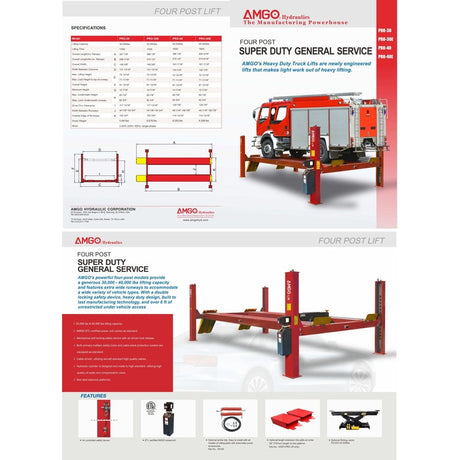 A product specification sheet for the red AMGO PRO-40E Heavy-Duty 4-Post Lift, showing a fire truck elevated on the lift, a smaller diagram of the lift, and text describing its 40,000 lbs capacity and extended platform.