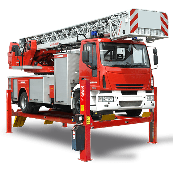 A large red AMGO PRO-40 4-Post Lift with yellow ramps, is shown with a fire truck on the lift, highlighting its 40,000 lb lifting capacity for heavy trucks, buses, and commercial vehicles.