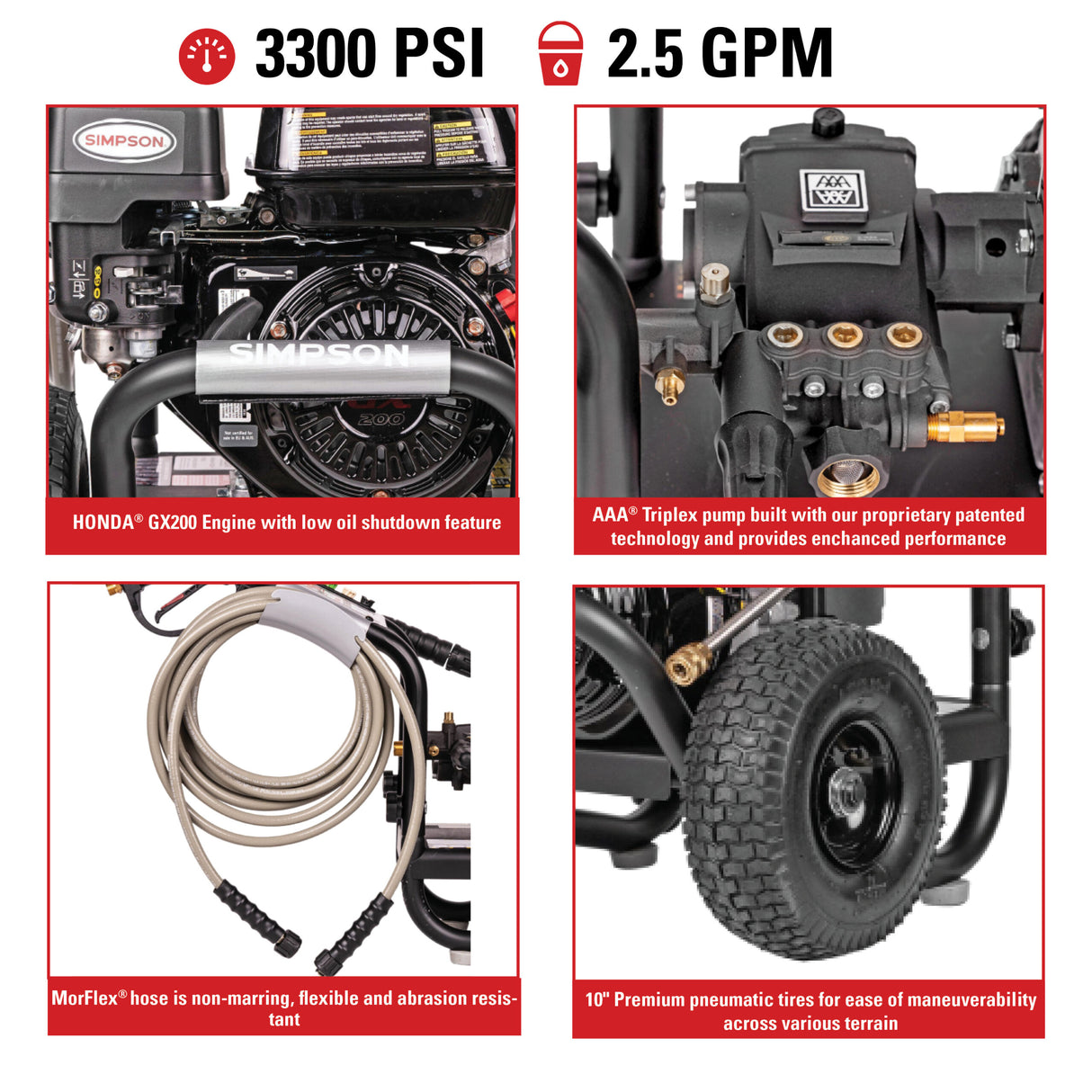 Simpson PowerShot 3300 PSI 2.5 GPM Cold Water Gas Pressure Washer with HONDA GX200 Engine PS3228-S