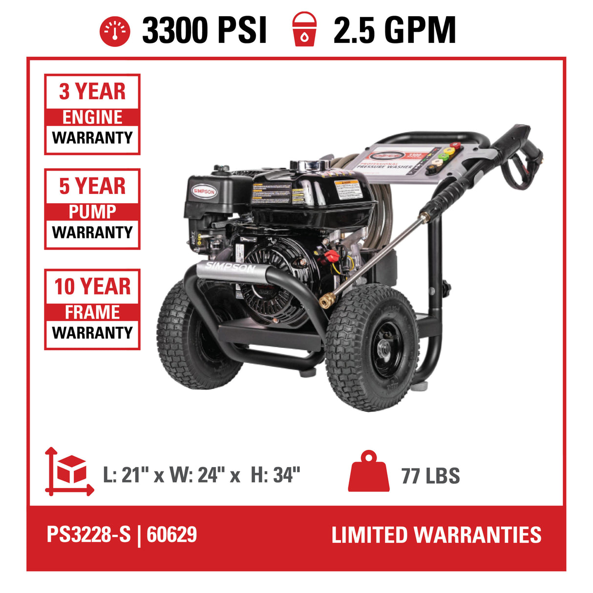 Simpson PowerShot 3300 PSI 2.5 GPM Cold Water Gas Pressure Washer with HONDA GX200 Engine PS3228-S
