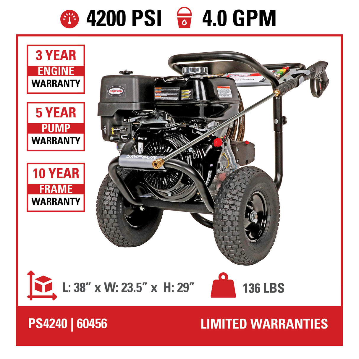 Simpson PowerShot 4200 PSI 4.0 GPM Cold Water Gas Pressure Washer with HONDA GX390 Engine PS4240