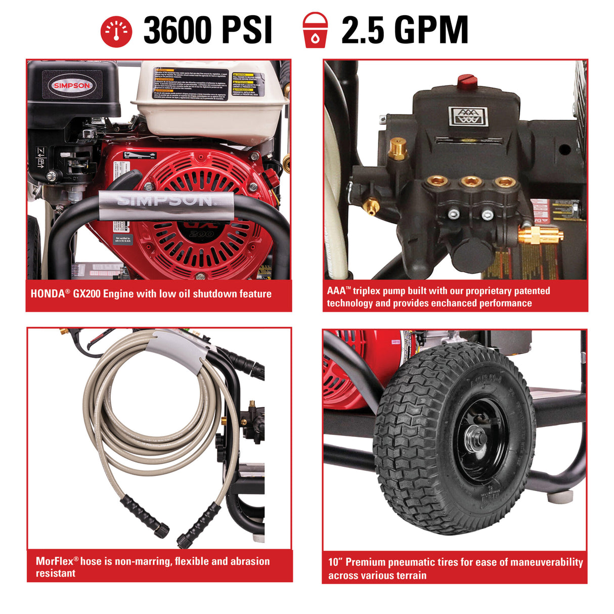 Simpson 3600 PSI at 2.5 GPM HONDA® GX200 with AAA® Triplex Pump Cold Water Professional Gas Pressure Washer with HONDA® GX200 engine PS61368(-S)