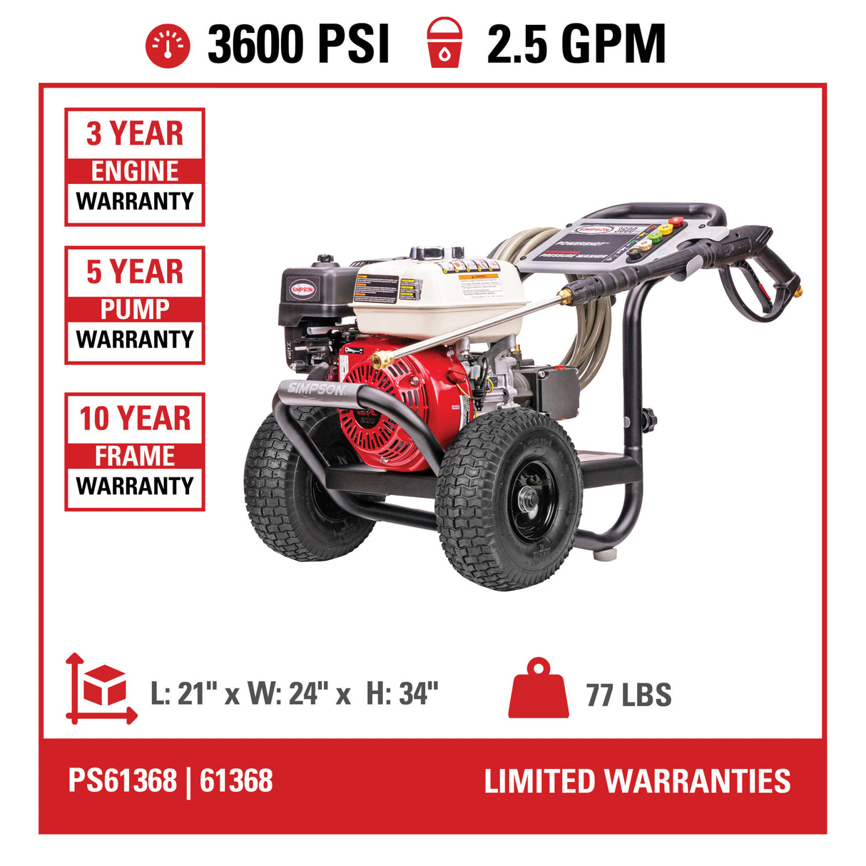 Simpson 3600 PSI at 2.5 GPM HONDA® GX200 with AAA® Triplex Pump Cold Water Professional Gas Pressure Washer with HONDA® GX200 engine PS61368(-S)