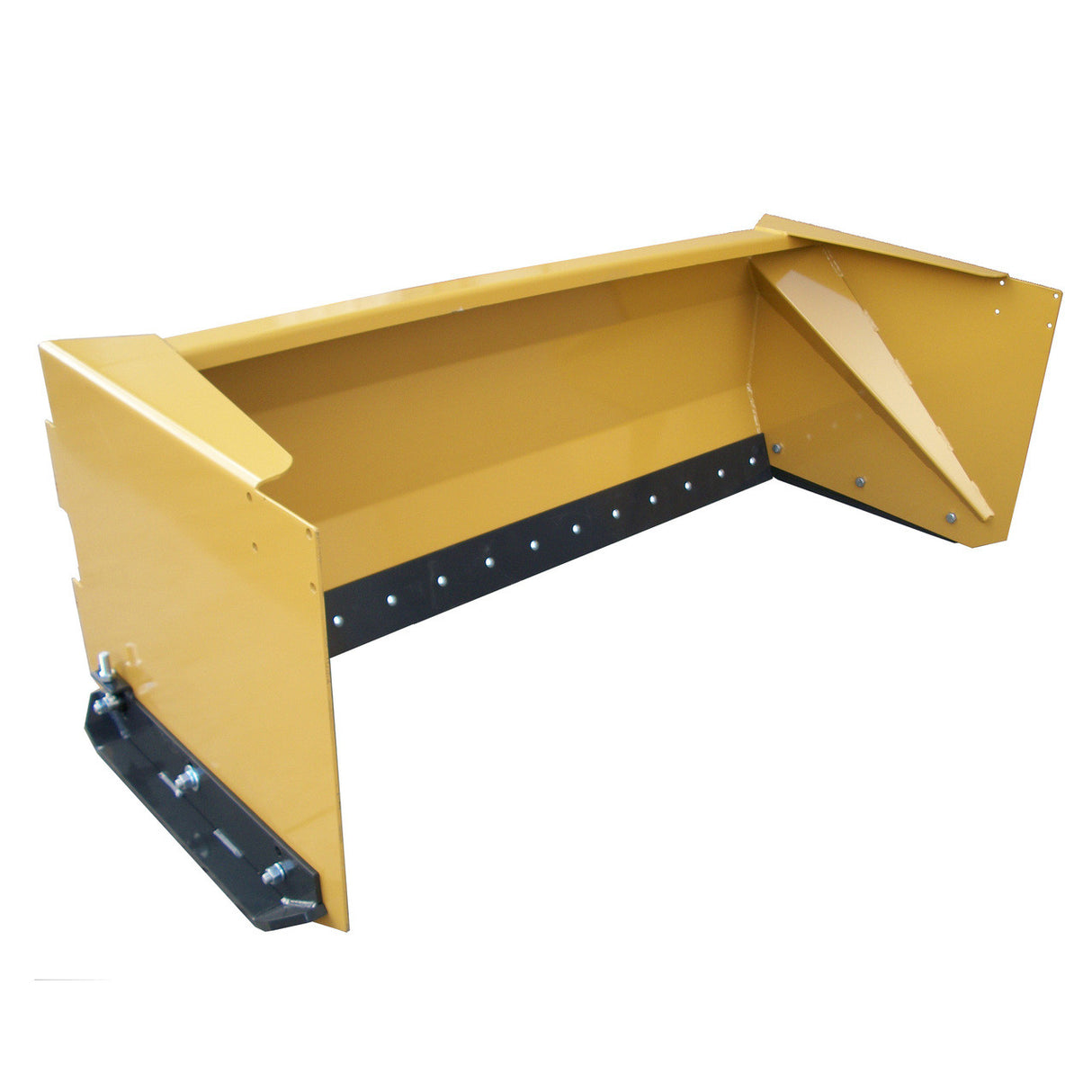 A yellow Haugen snow pusher with a durable, reversible rubber cutting edge, AR-400 steel skid shoes, and heavy-duty 3/8-inch thick side plates, showcasing its 30-inch height and 38-inch depth.