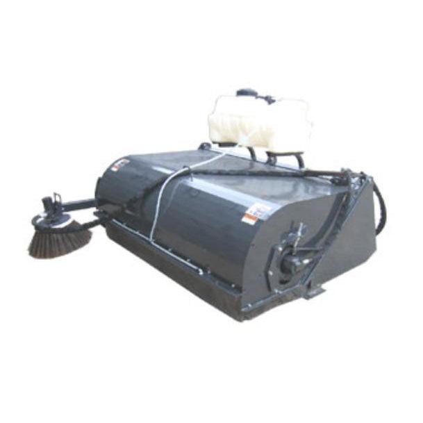 A black Pick-up Broom for Skid Steer Loaders with a 26-inch diameter brush, a heavy-duty bucket with a 3/4" x 8" double bevel bolt-on edge, and a water kit for dust suppression.