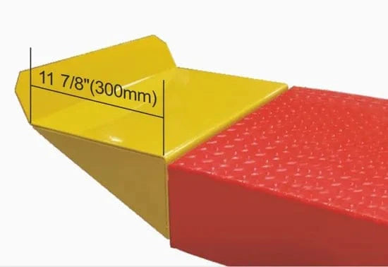 Close-up of the AMGO PX002 Optional Platform Extension Kit connected to a red lift platform, with white overlay text indicating its dimensions of "11 7/8" (300mm)".