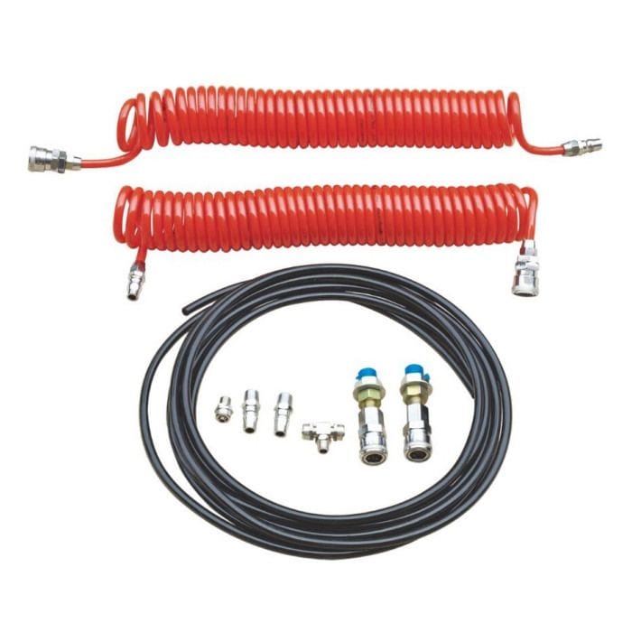 AMGO PX004 Air Line Kit, a set of red and black pneumatic hoses and various metal fittings, laid out on a white background.