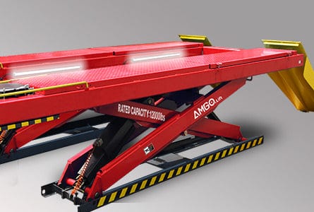 A red AMGO Large Scissor Lift with yellow ramps and an LED light kit attached underneath the lift, showcasing the bright, energy-efficient lighting solution.