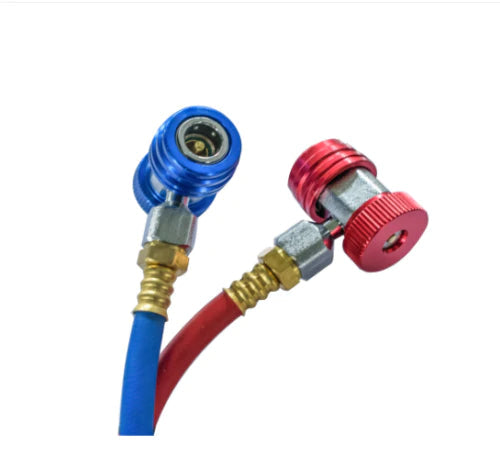 A detailed close-up of the R-1234YF high- and low-pressure couplers, with the red and blue quick-connect fittings.